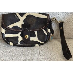 Dooney & Bourke Giraffe Print Haircalf Leather Flap Wristlet Bag Blue Logo Charm